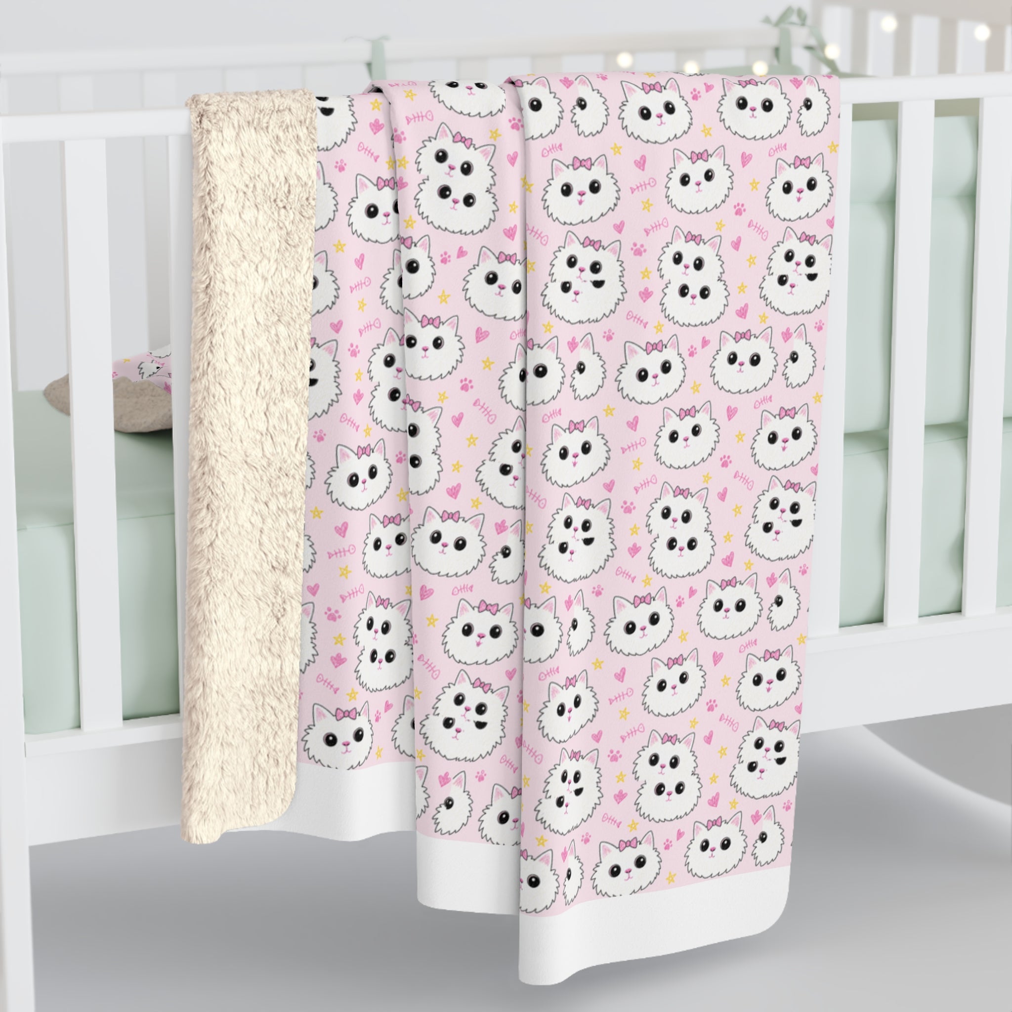Meowu Face Sherpa Fleece Blanket product mockup view 9