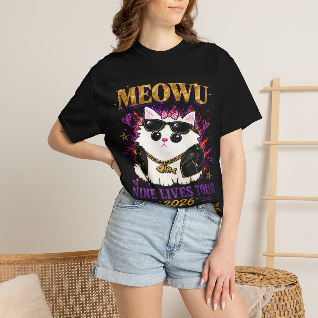 MEOWU — Nine Lives Tour 2026 | Badly Drawn Cat Rap Tee product mockup view 4