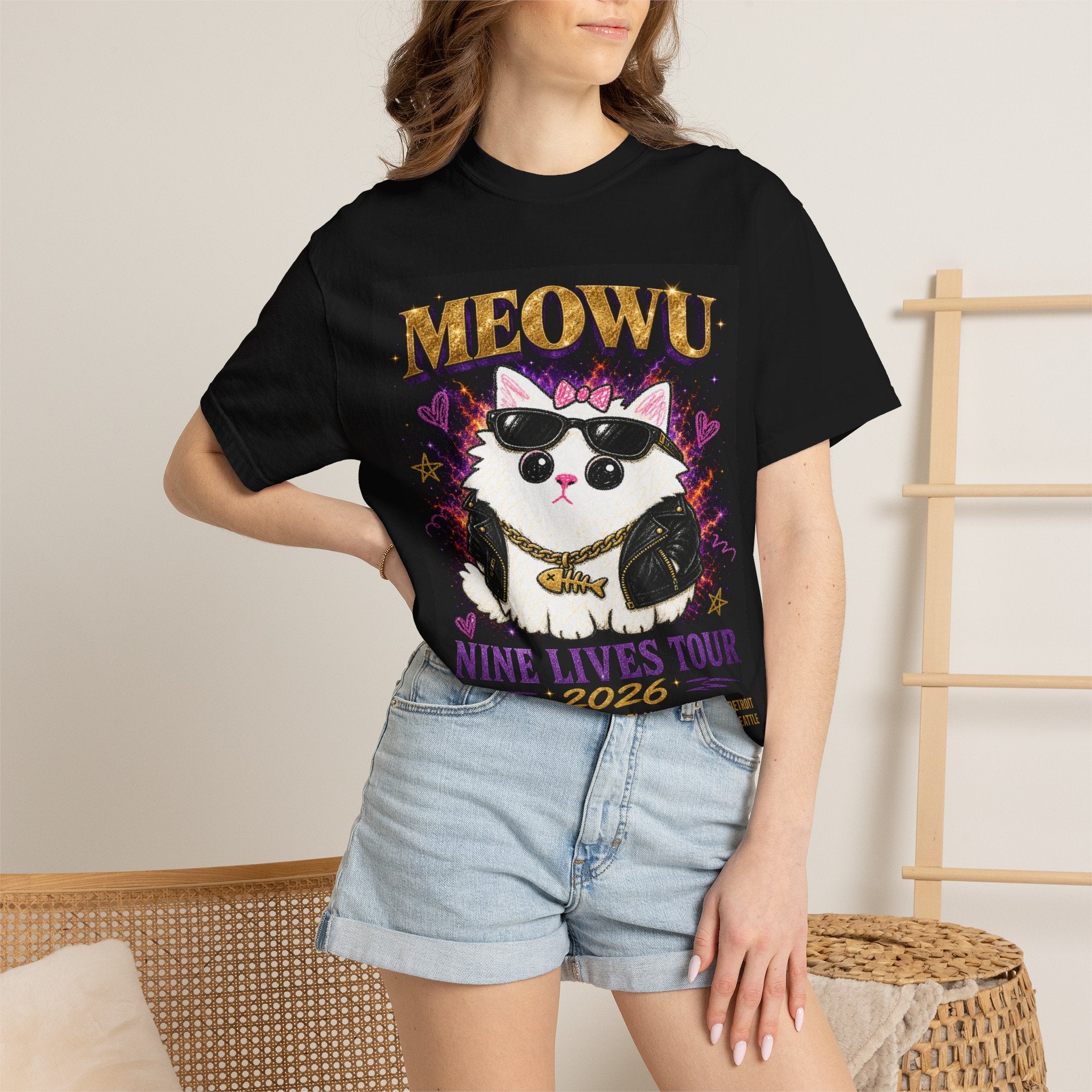 MEOWU — Nine Lives Tour 2026 | Badly Drawn Cat Rap Tee product mockup view 4