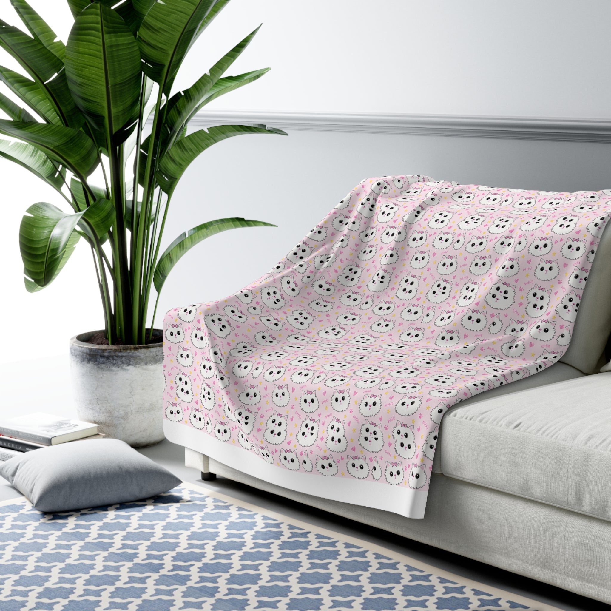 Meowu Face Sherpa Fleece Blanket product mockup view 8