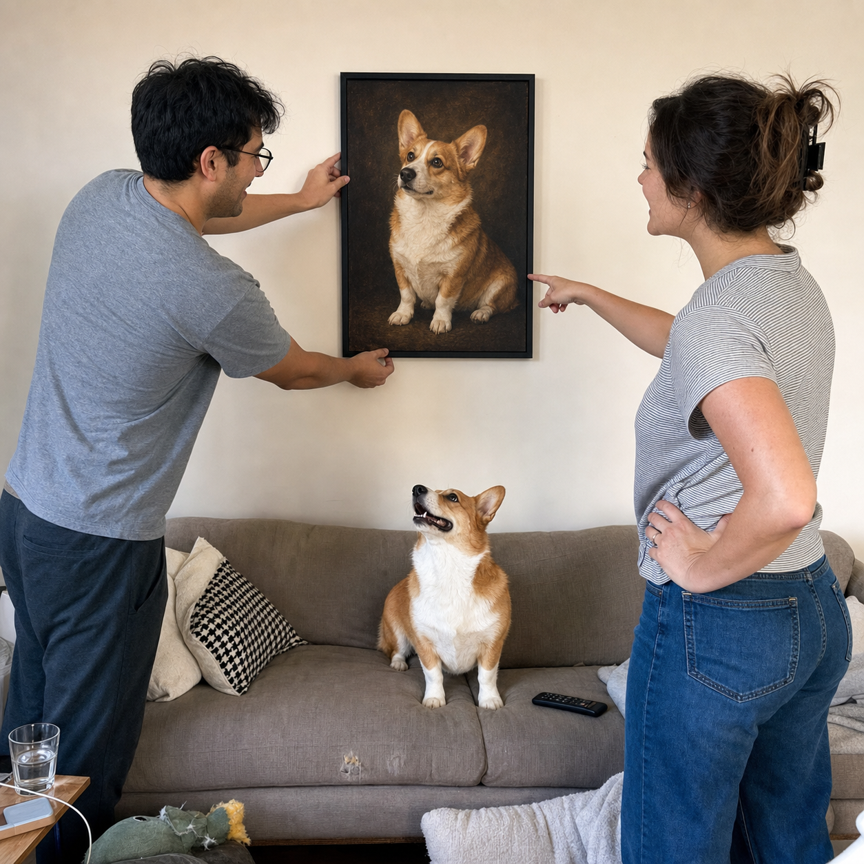 Couple hanging a framed renaissance portrait of their corgi above the sofa while the corgi looks up at it