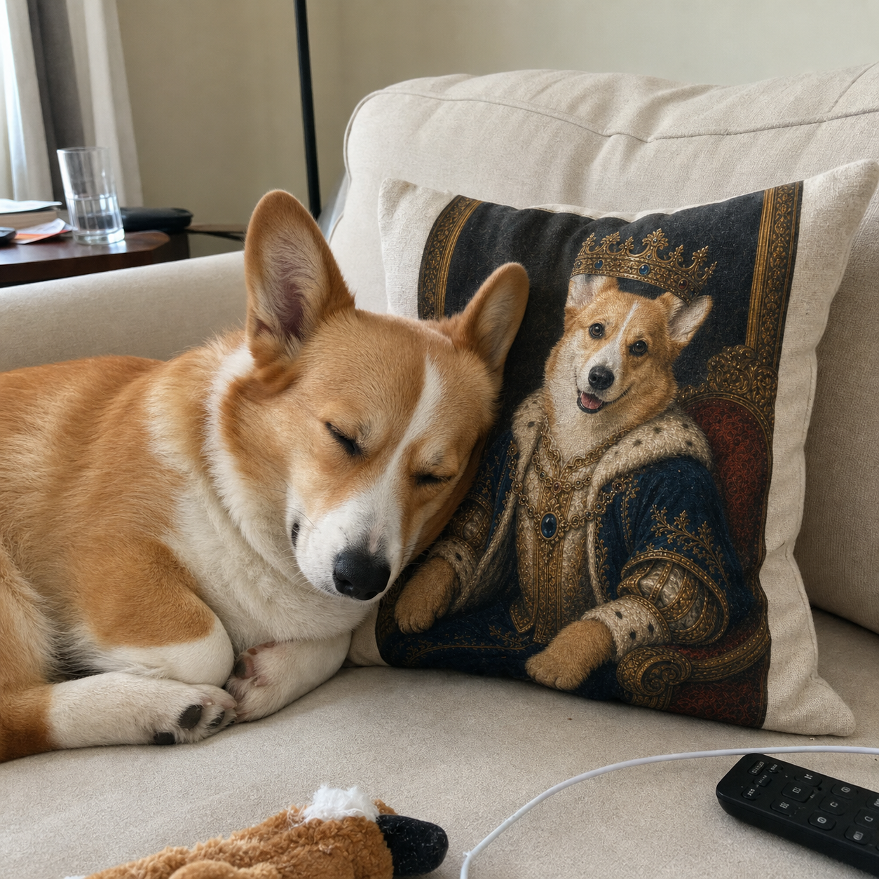 Royal portrait pillow of a pet styled on a cozy sofa