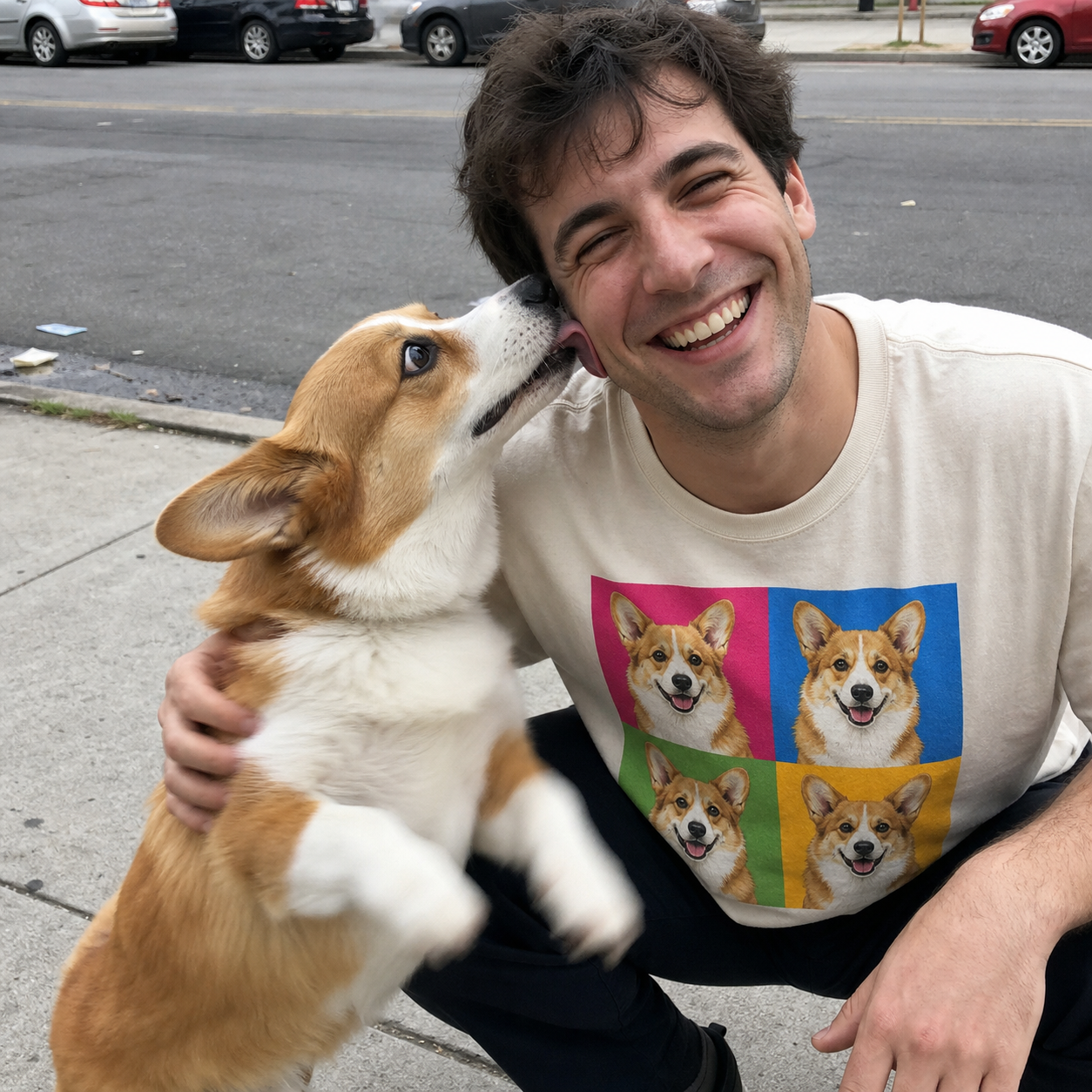 Pet parent wearing a pop-art t-shirt of their dog