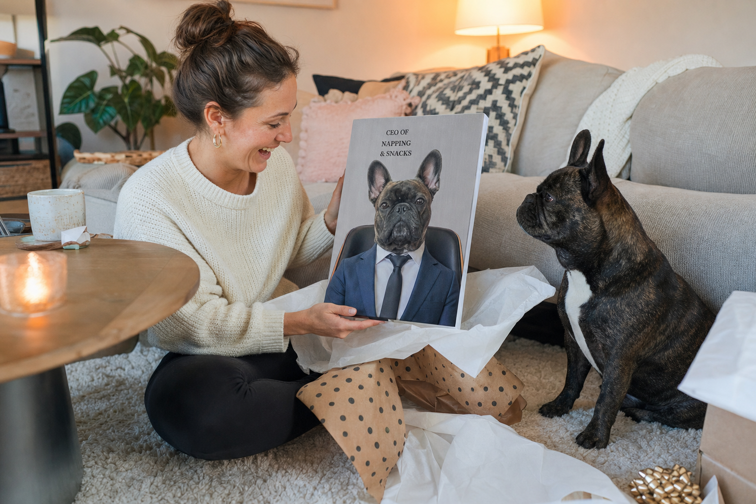 Pet parent laughing while unwrapping a portrait of her French Bulldog as CEO of Napping and Snacks, with her dog watching